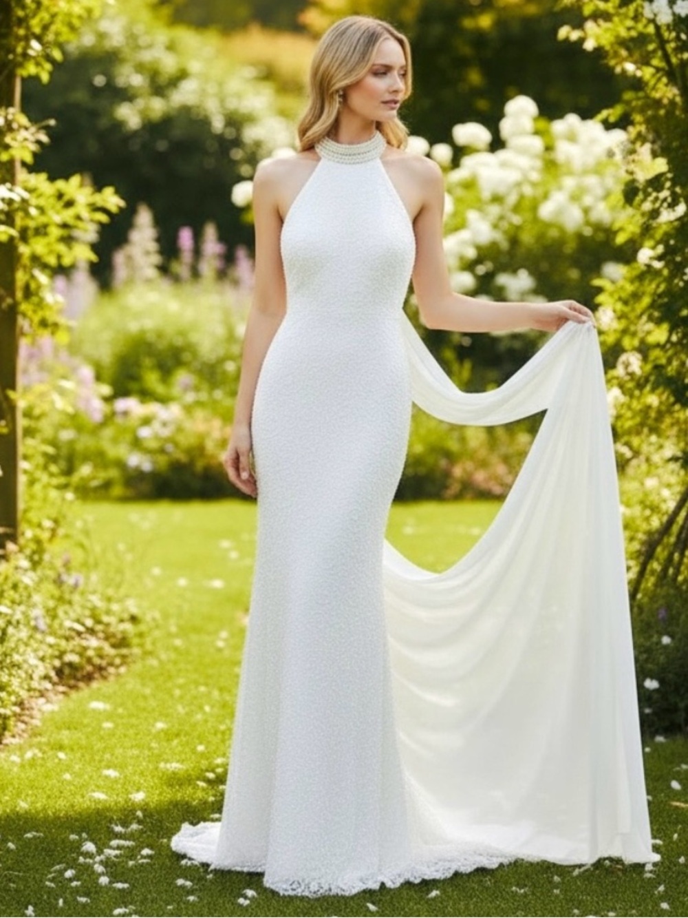 ST. TROPEZ Ivory Pearl Halter Neck Allover Beaded Lace Wedding Gown W/Train
